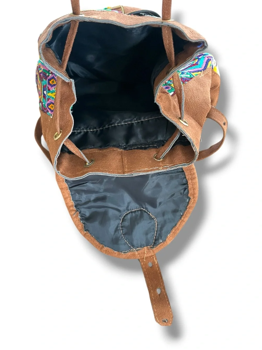 Handmade Guatemalan Huipil Embroidered Suede Leather Backpack Boho Artisan Bag